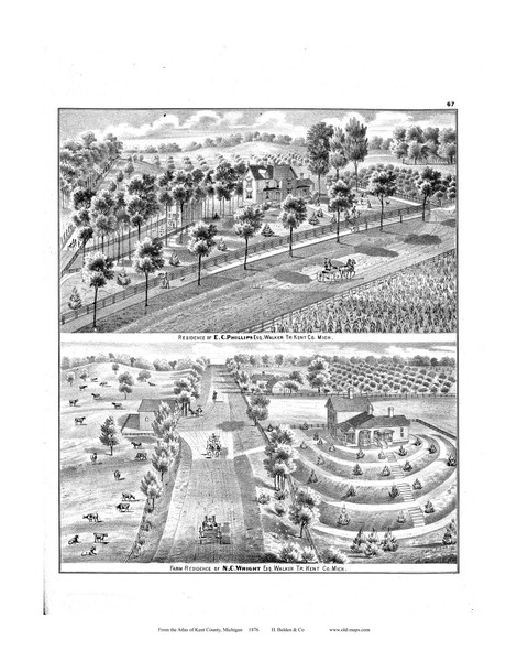 Farm Residence of Phillips, Etc., Michigan 1876 Old Map Print - Kent Co. 67