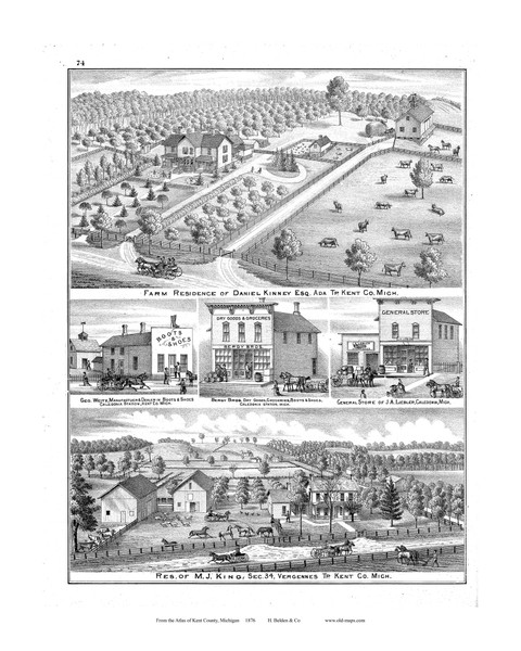 Farm Residence of Kinney, Etc., Michigan 1876 Old Map Print - Kent Co. 74
