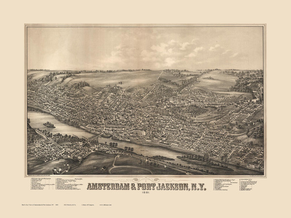 Amsterdam, New York 1881 Bird's Eye View - Old Map Reprint
