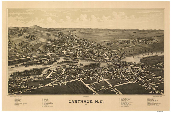 Carthage, New York 1888 Bird's Eye View - Old Map Reprint