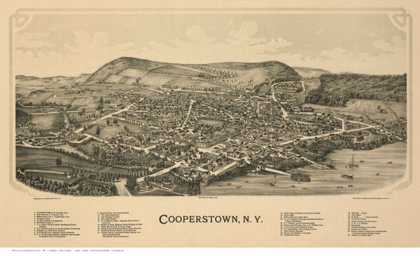 Cooperstown, New York 1890 Bird's Eye View - Old Map Reprint