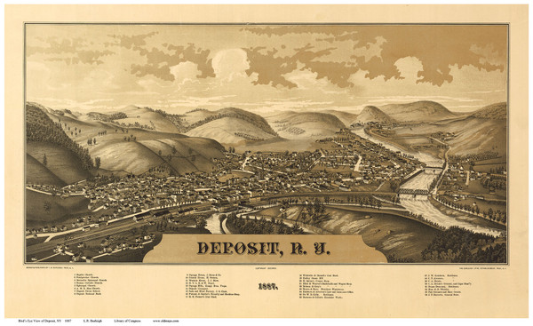 Deposit, New York 1887 Bird's Eye View - Old Map Reprint