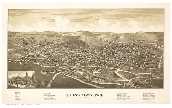 Johnstown, New York 1888 Bird's Eye View - Old Map Reprint