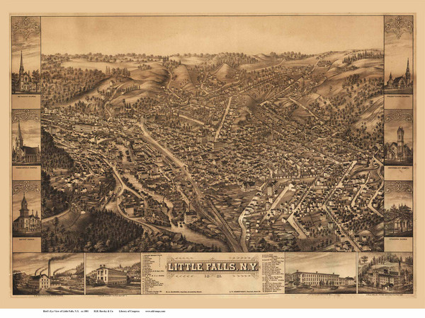 Little Falls, New York 1881 Bird's Eye View - Old Map Reprint