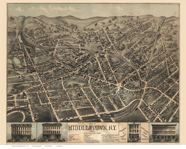 Middletown, New York 1874 Bird's Eye View - Old Map Reprint