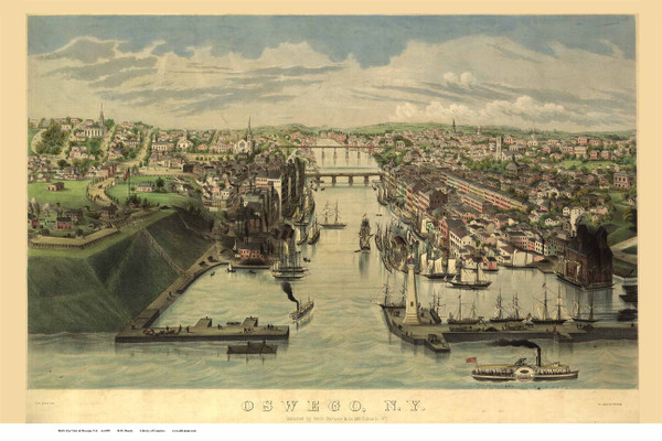 Oswego, New York 1855 Bird's Eye View - Old Map Reprint