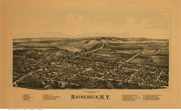 Rhinebeck, New York 1890 Bird's Eye View - Old Map Reprint