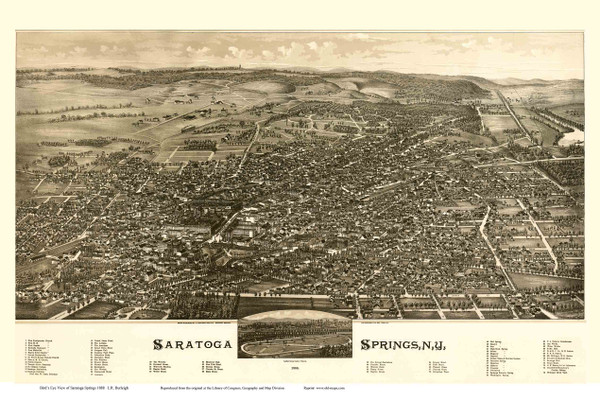 Saratoga Springs, New York 1888 Bird's Eye View - Old Map Reprint