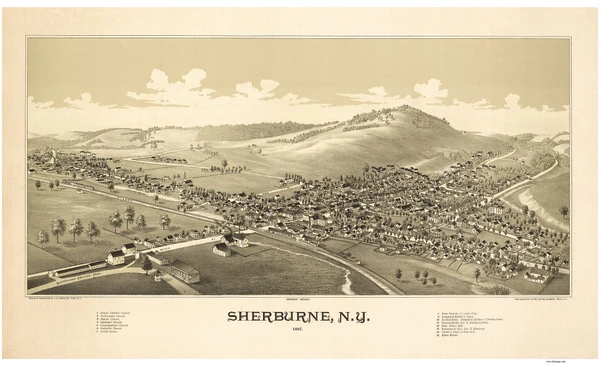 Sherburne, New York 1887 Bird's Eye View - Old Map Reprint