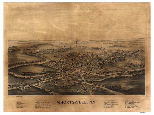 Shortsville, New York 1892 Bird's Eye View - Old Map Reprint