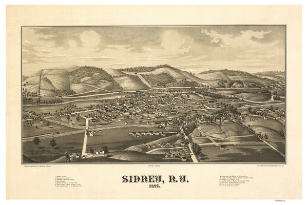 Sidney, New York 1887 Bird's Eye View - Old Map Reprint