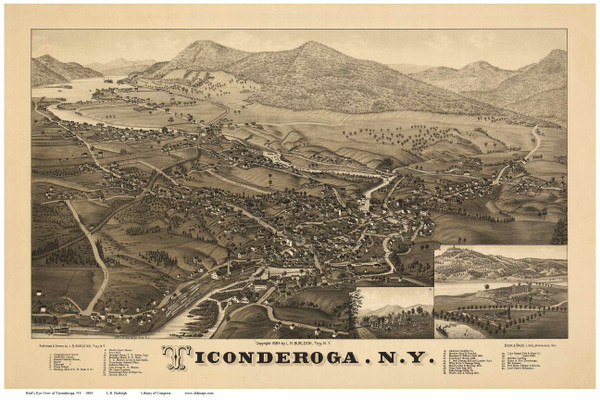 Ticonderoga, New York ca 1884 Bird's Eye View - Old Map Reprint