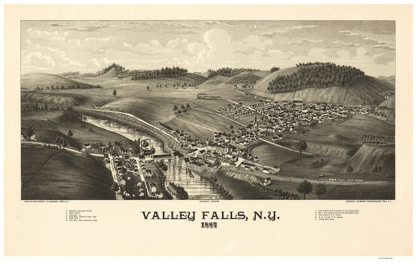 Valley Falls, New York 1887 Bird's Eye View - Old Map Reprint