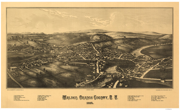 Walden, New York 1887 Bird's Eye View - Old Map Reprint