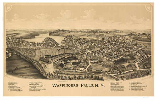 Wappingers Falls, New York 1889 Bird's Eye View - Old Map Reprint