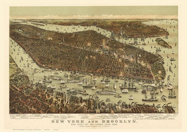 New York City and Brooklyn 1892 Bird's Eye View - Old Map Reprint