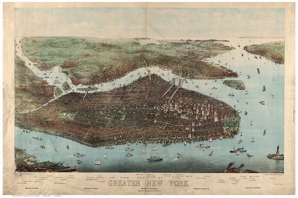 New York City 1905 Bird's Eye View - Hart (Small) - Old Map Reprint