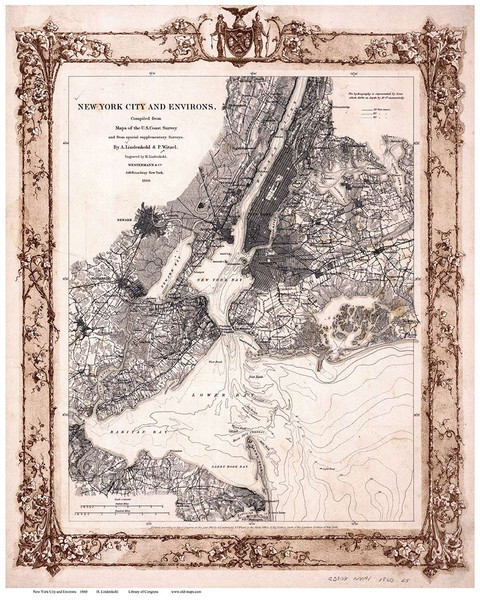 New York City Area 1860 - Lindenkohl - Old Map Reprint