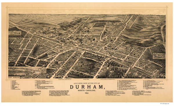 Durham, North Carolina 1891 Bird's Eye View