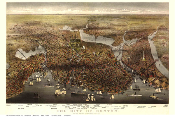 Boston, Massachusetts 1873 - Bird's Eye View - Old Map Reprint - Parsons & Atwater Boston, Massachusetts 1873 - Bird's Eye View - Old Map Reprint - Parsons & Atwater