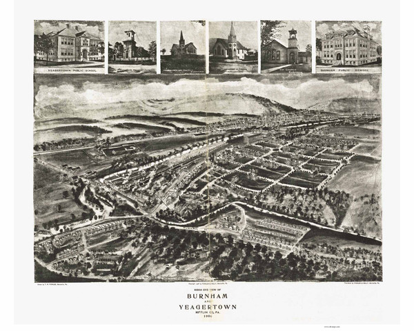 Burnham and Yeagertown, Pennsylvania 1906 Bird's Eye View - Old Map Reprint