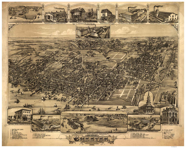 Chester, Pennsylvania 1885 Bird's Eye View - Old Map Reprint