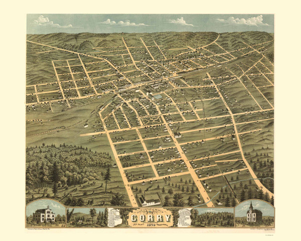 Corry, Pennsylvania 1870 Bird's Eye View - Old Map Reprint