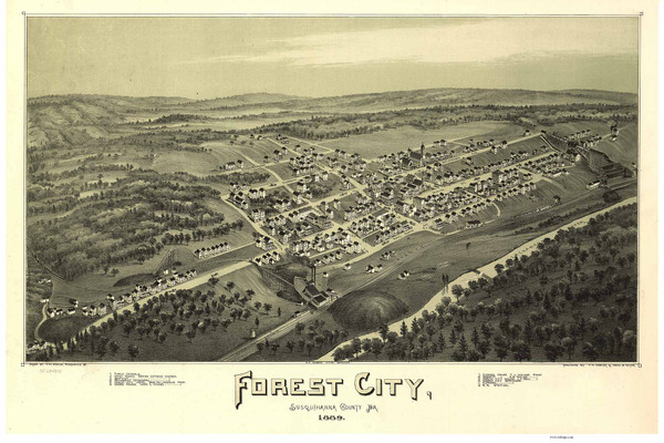 Forest City, Pennsylvania 1889 Bird's Eye View - Old Map Reprint