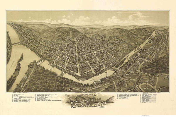 Franklin, Pennsylvania 1901 Bird's Eye View - Old Map Reprint
