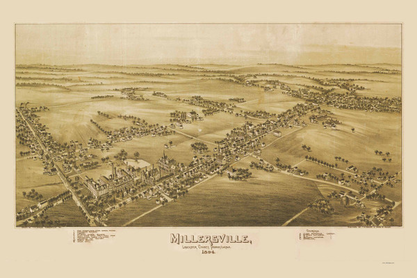 Millersville, Pennsylvania 1894 Bird's Eye View - Old Map Reprint