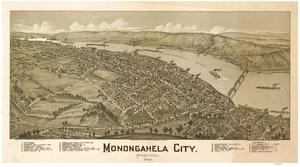 Monongahela, Pennsylvania 1902 Bird's Eye View - Old Map Reprint