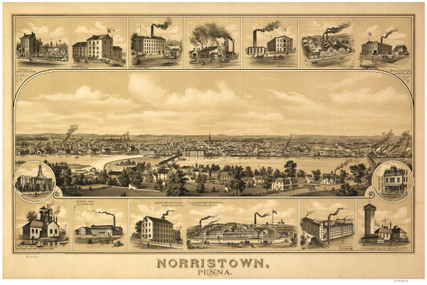 Norristown, Pennsylvania 1881 Bird's Eye View - Old Map Reprint
