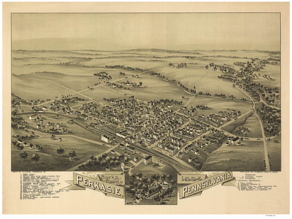 Perkasie, Pennsylvania 1894 Bird's Eye View - Old Map Reprint