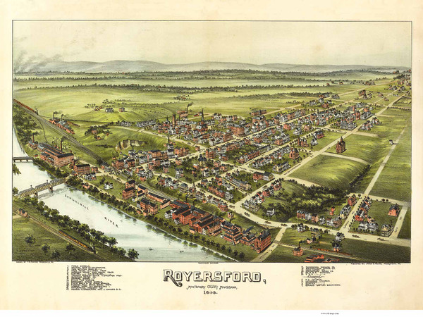 Royersford, Pennsylvania 1893 Bird's Eye View - Old Map Reprint
