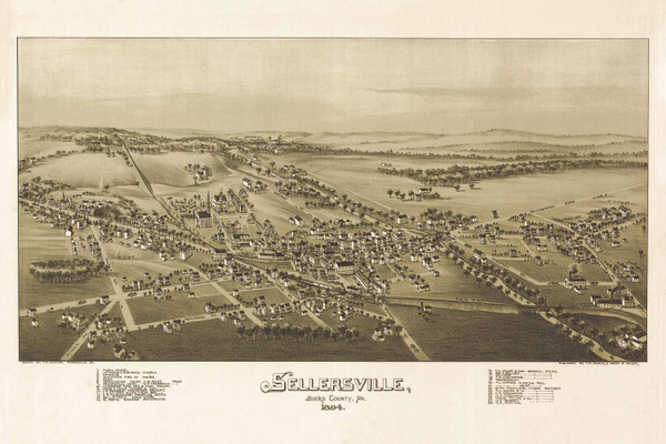 Sellersville, Pennsylvania 1894 Bird's Eye View - Old Map Reprint