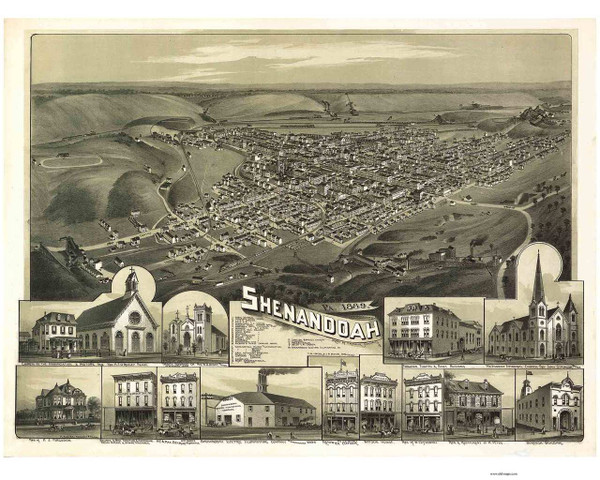 Shenandoah, Pennsylvania 1889 Bird's Eye View - Old Map Reprint