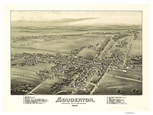 Souderton, Pennsylvania 1894 Bird's Eye View - Old Map Reprint