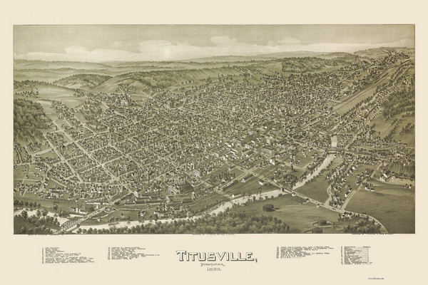 Titusville, Pennsylvania 1896 Bird's Eye View - Old Map Reprint