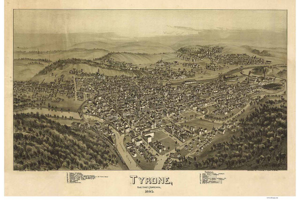 Tyrone, Pennsylvania 1895 Bird's Eye View - Old Map Reprint