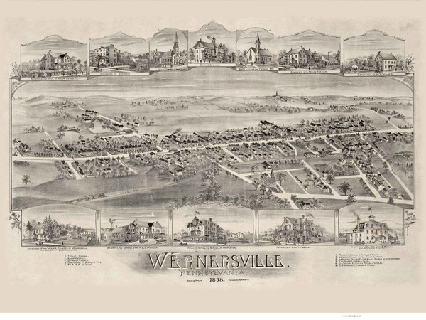 Wemersville, Pennsylvania 1898 Bird's Eye View - Old Map Reprint