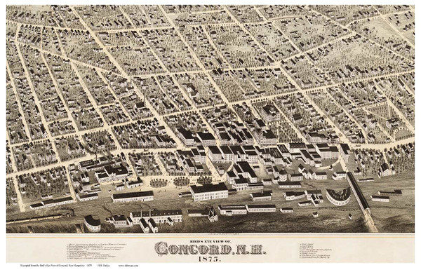 Concord (downtown), New Hampshire 1875 Bird's Eye View - Old Map Custom Print