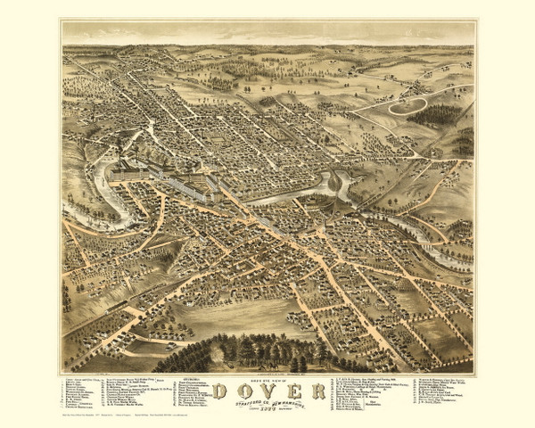 Dover, New Hampshire 1877 Bird's Eye View - Old Map Reprint