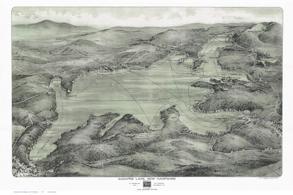 Lake Sunapee, New Hampshire 1923 Bird's Eye View - Old Map Reprint