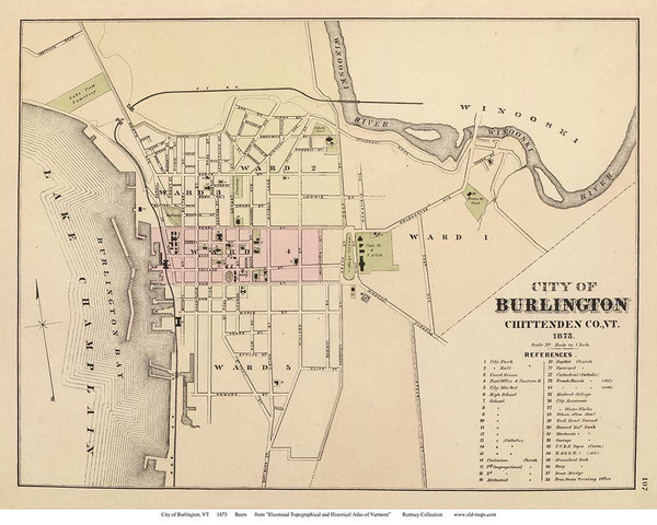 Burlington 1873 Burgett - Old Map Reprint - Vermont Towns Other