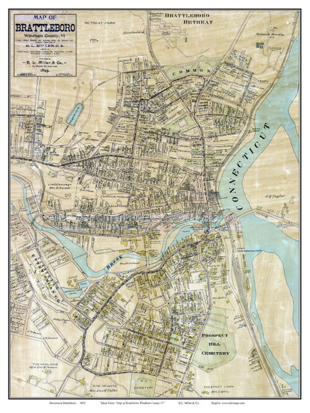 Brattleboro (Downtown) 1895 Miller - Old Map Custom Print - Vermont Towns Other