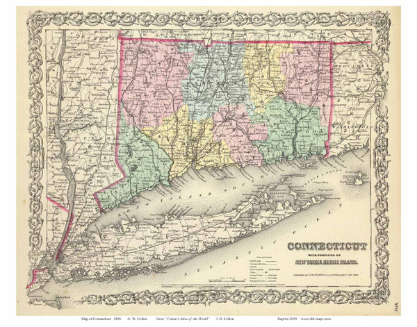 Connecticut 1856 Colton - Old State Map Reprint