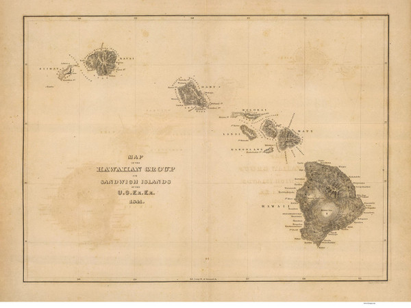 Hawaiian Islands 1845 Wilkes - Old State Map Reprint Hawaiian Islands 1845 Wilkes - Old State Map Reprint