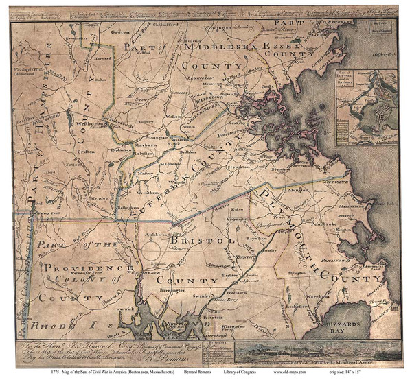 Massachusetts 1775 Romans - Old State Map Reprint
