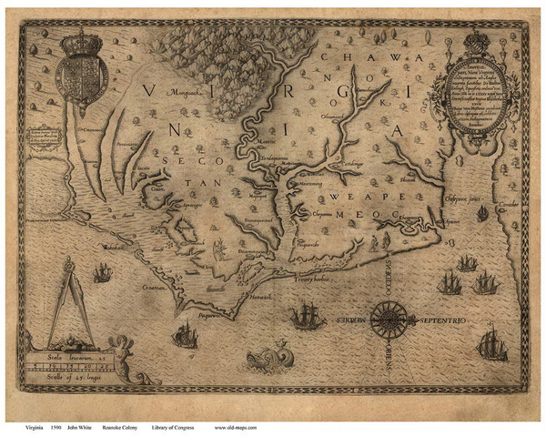 Virginia 1590 White - Old State Map Reprint