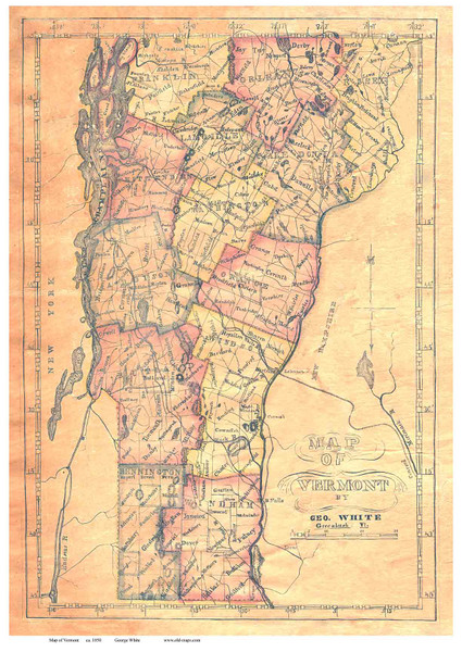 Vermont ca1850 B - White - Old State Map Reprint Vermont ca1850 B - White - Old State Map Reprint